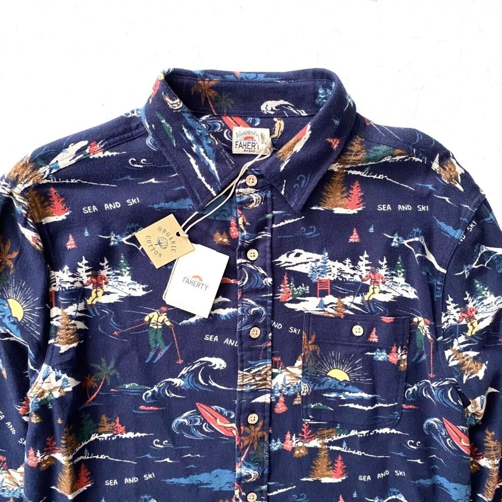 Faherty Mens Navy L Super Brushed Stretch Flannel Button-Up Shirt Sea to Ski - Picture 2 of 8